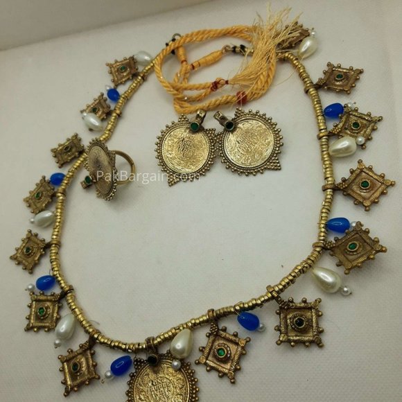 Afghan Tribal Vintage Hasli Pearls Choker Necklace With Coins Earrings and Ring - Picture 8 of 18